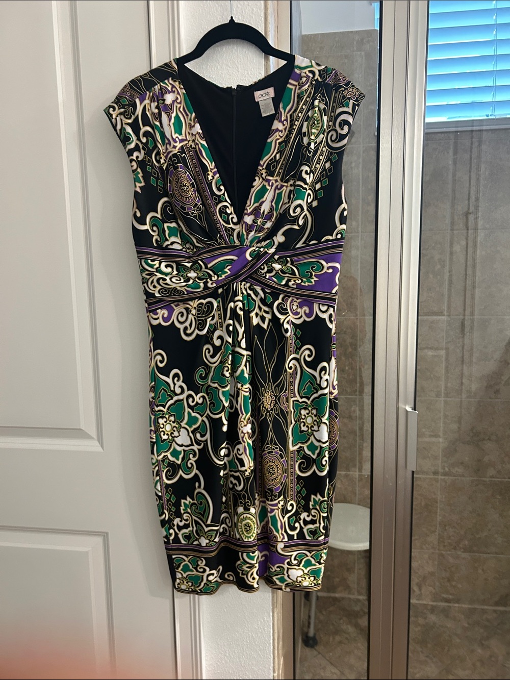 Cache Black, Green & Purple Twist-Front Midi Dress